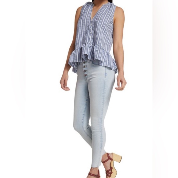 Veronica Beard Jeans Antonia Sleeveless Striped Ruffled Shirt, Size Large - Picture 5 of 14